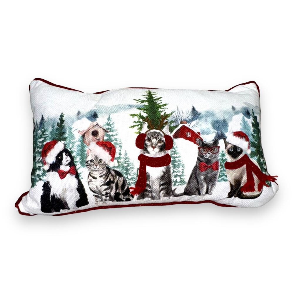 Holiday Santa Winter Cats Embroidered Pillow Loving Kindness 24"x14"